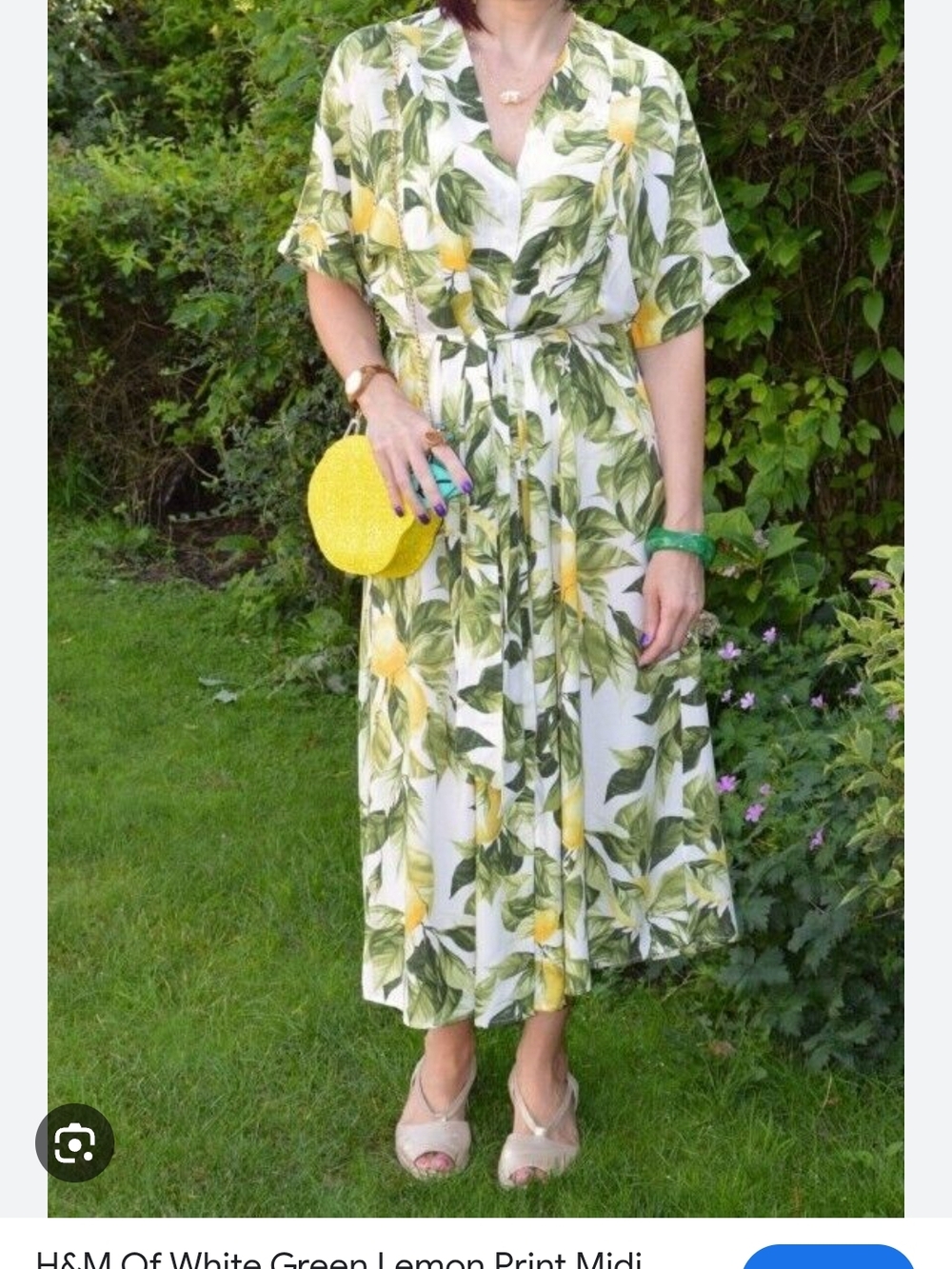 H&M White Green Yellow Fruit Lemon-Print Midi Dress